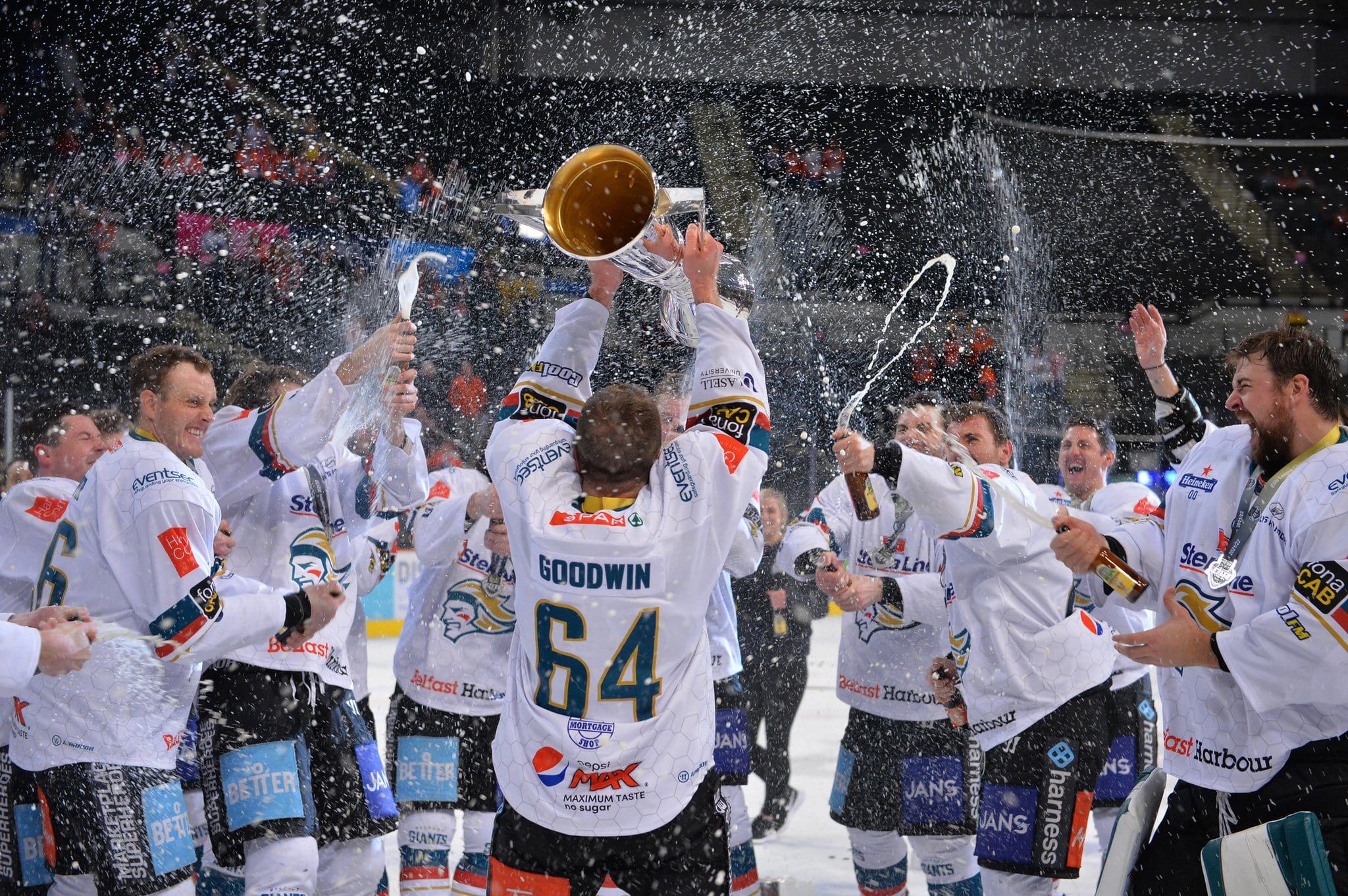 David Goodwin of the Belfast Giants celebrates winning the 2021-22 Elite League title (Image: Dean Woolley)