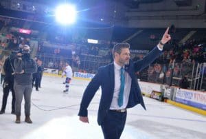 Belfast Giants head coach Adam Keefe celebrates winning the 2021-22 Elite League title (Image: Dean Woolley)