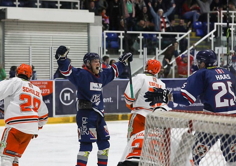 Sebastian Bengtsson of the Dundee Stars celebrates qualifying for 2021-22 Playoff Finals Weekend (Image: Derek Black)