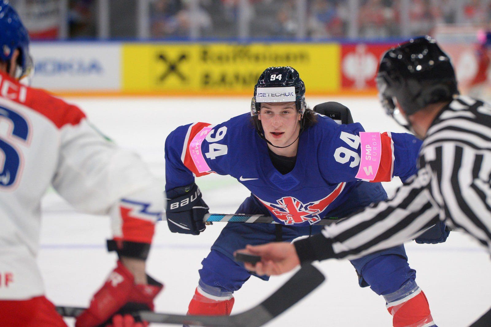 Team GB's Cade Neilson faces off against Czechia's David Krejci (Image: Dean Woolley)