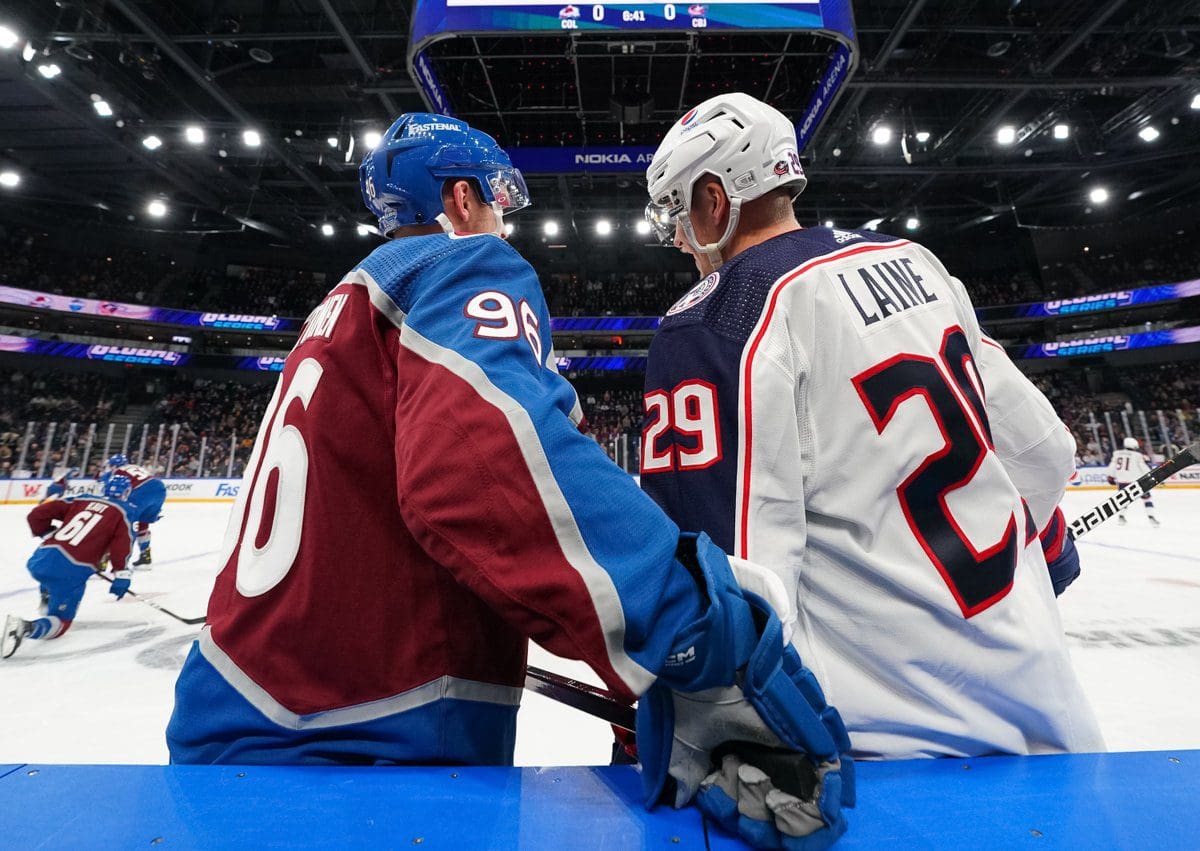 Patrik Laine (right) and Mikko Rantanen (left) talk before the NHL Global Series in Tampere, Finland (Image: NHL)